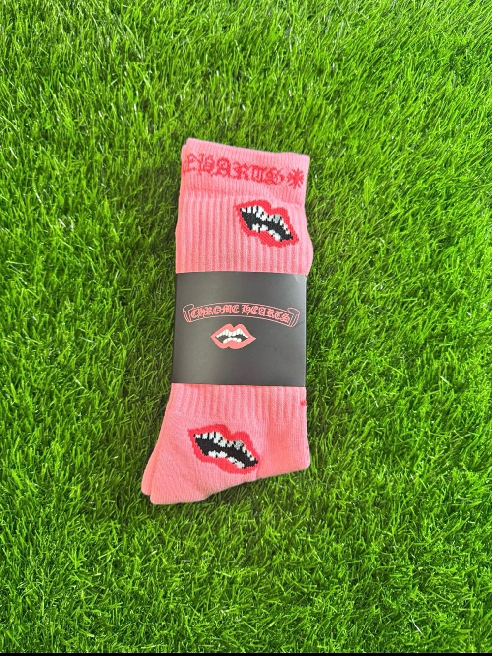 Chrome Hearts Coral Pink Graphic Crew Socks with Tooth Motif